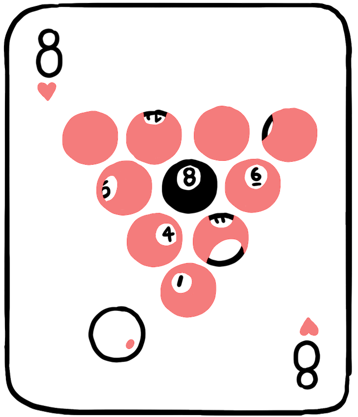An eight of hearts card with billiard balls on the front
