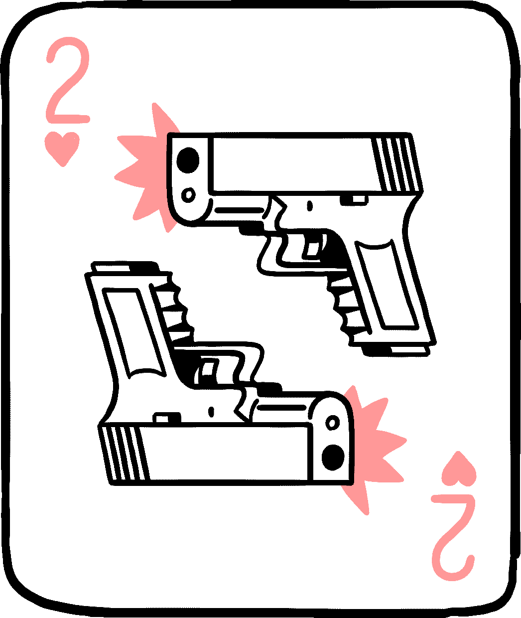A two of hearts with a glock pistol on the front