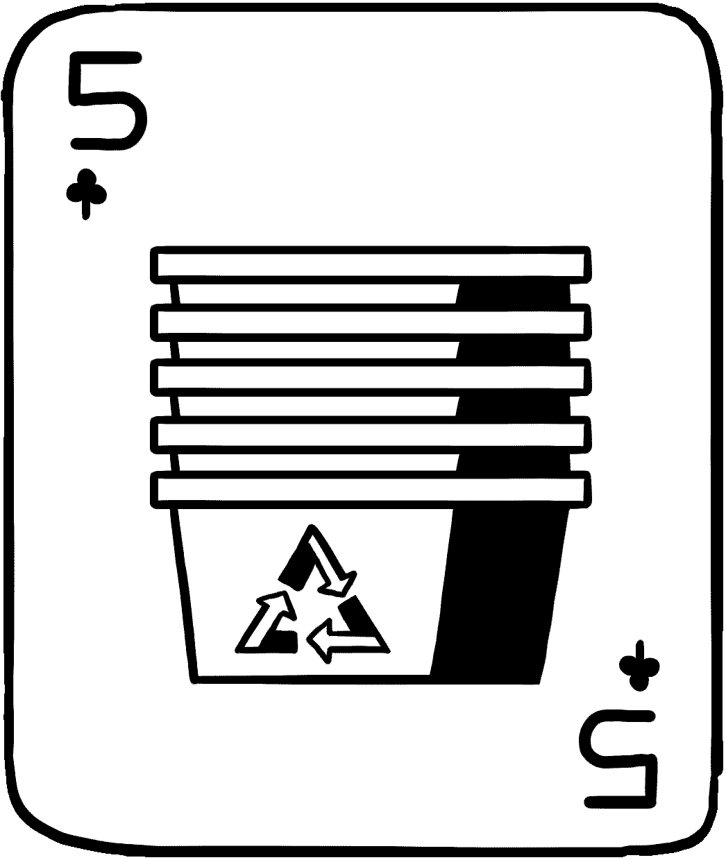 A five of spades with recycling bins on the front