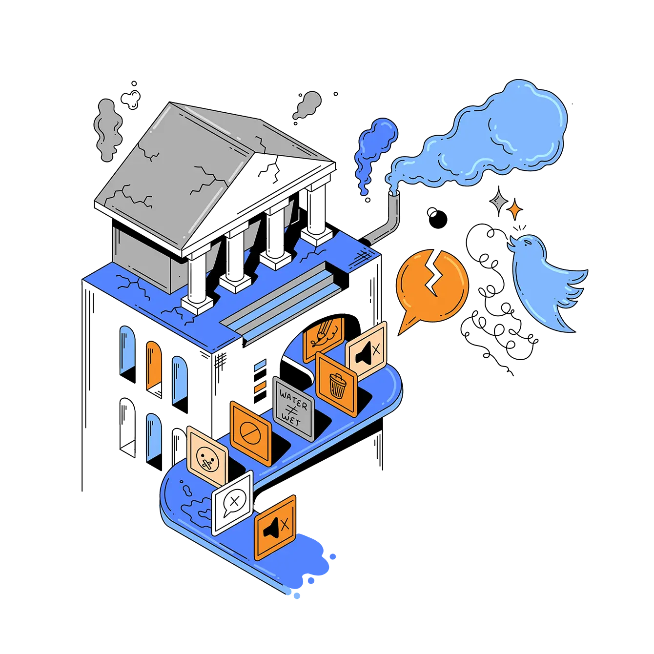 Social media posts on a factory conveyor belt