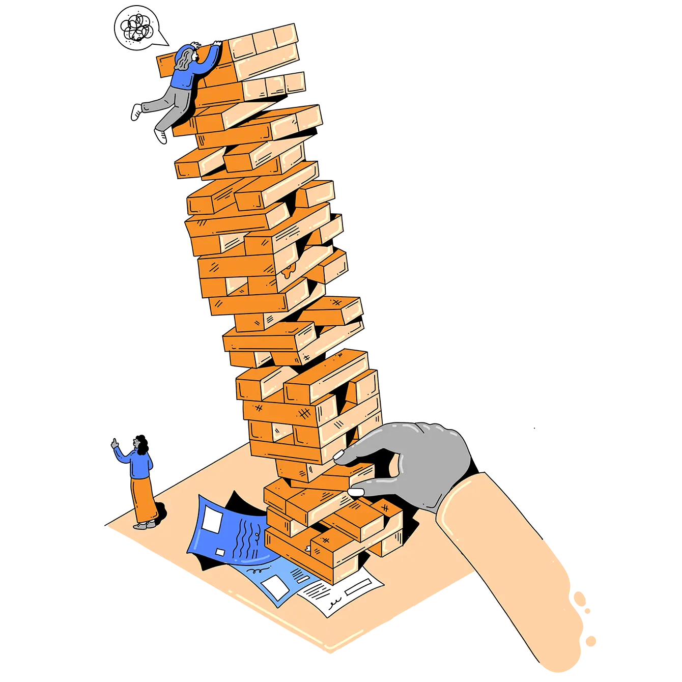 A person falling off a tower of collapsing blocks