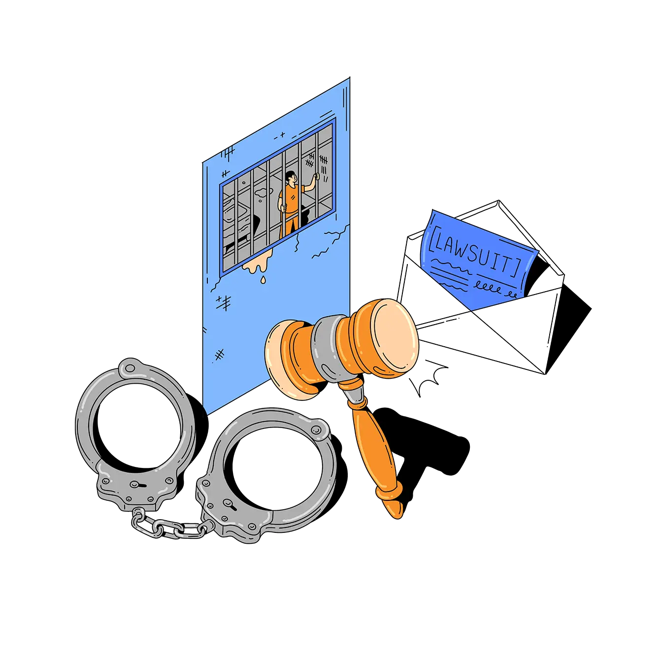 A person in prison, along with large handcuffs, a lawsuit, and a gavel.