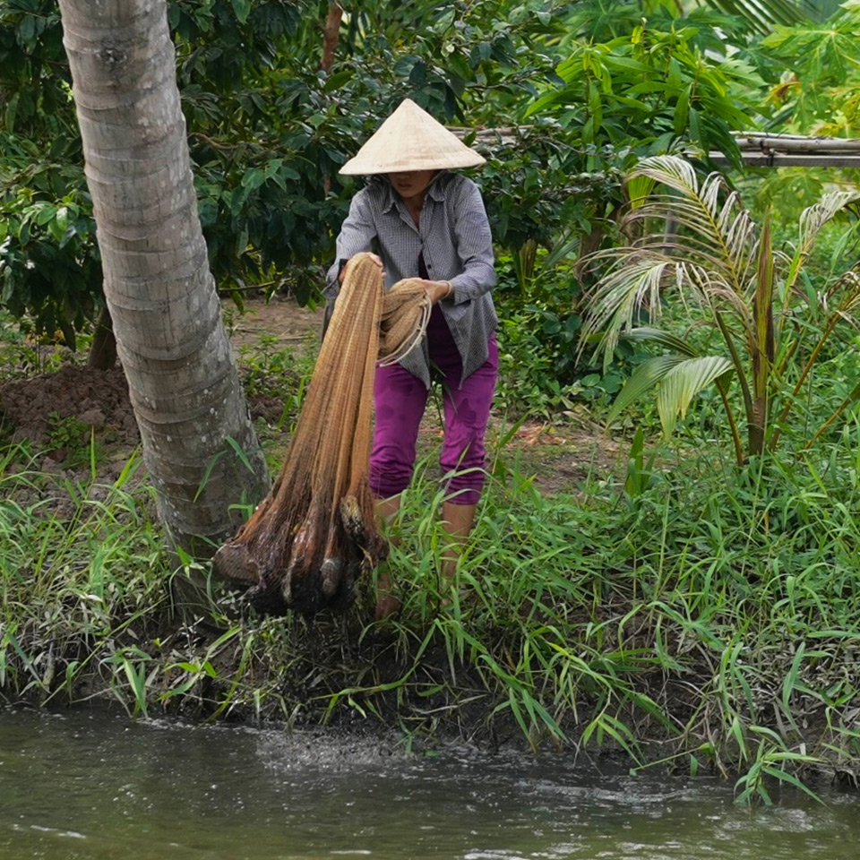 A resident scoops a writhing fish net out of the river with the day’s catch.